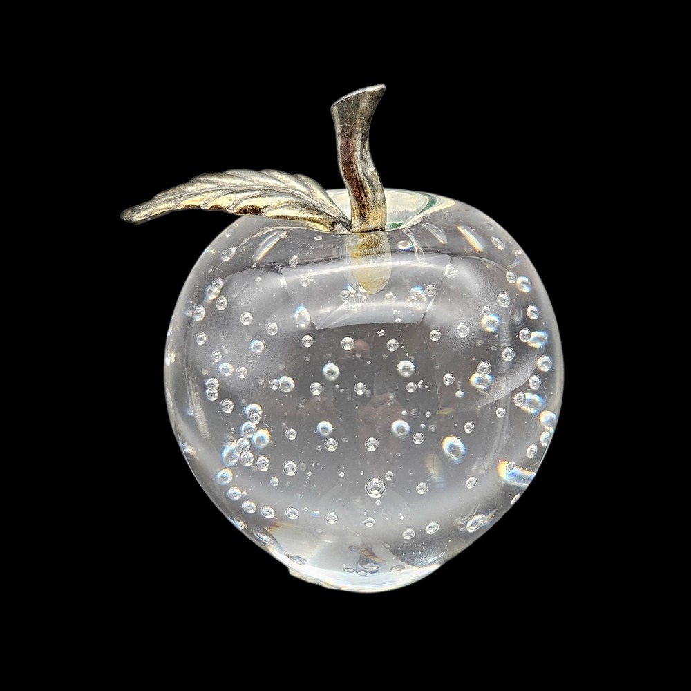 VTG Bombay Glass Apple Paperweight Clear w Controlled Bubbles Brass Leaf Stem